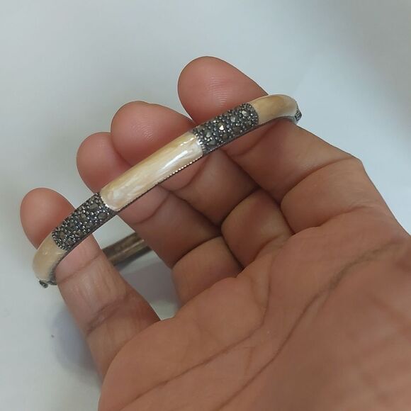 Vintage Sterling Silver with Swirl Enamel and Marcasite Inlay Hinged Bracelet